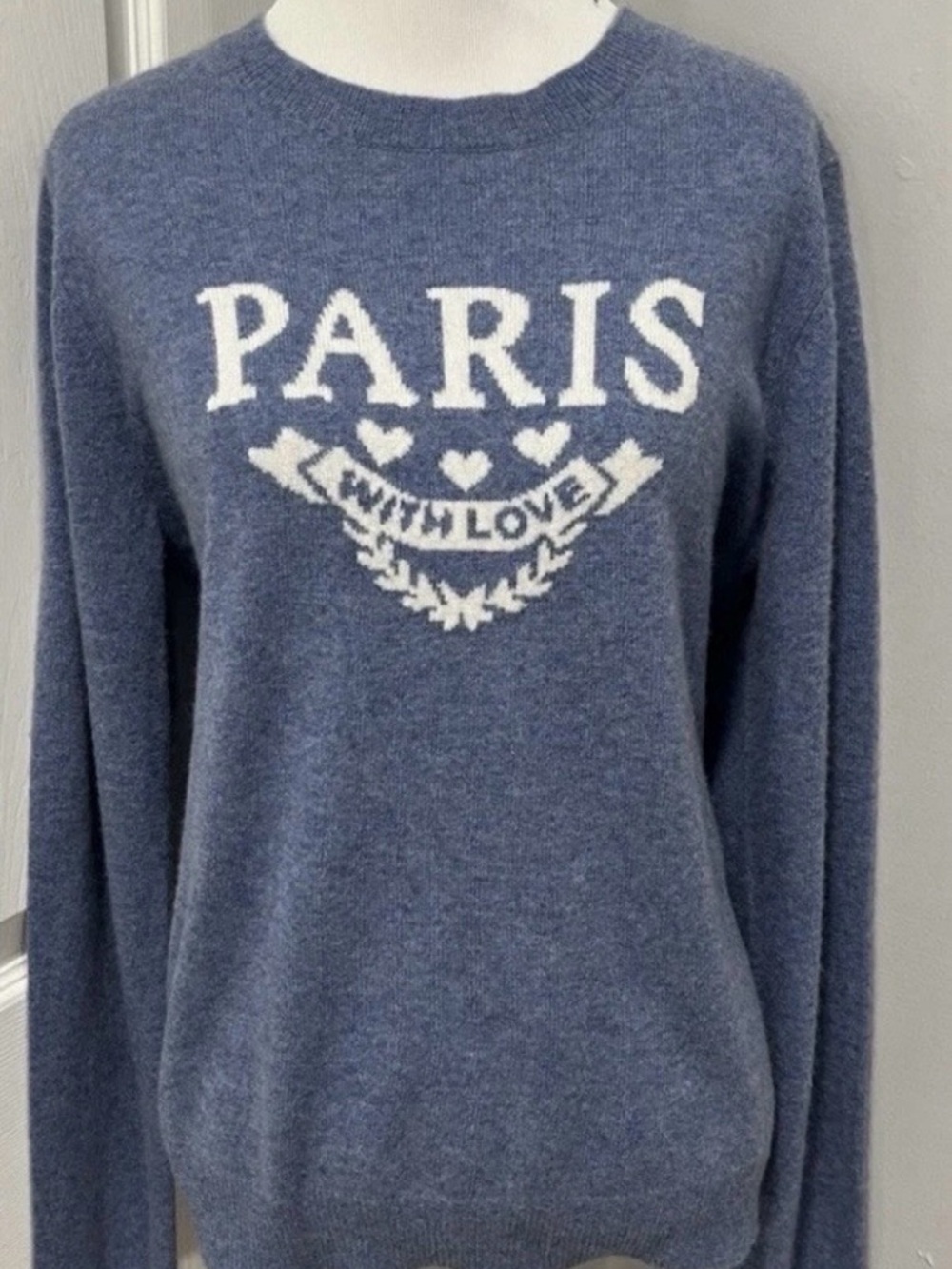 NWT MAGASCHONI 100% CASHMERE BLUE INTARSIAN KNIT 'PARIS WITH LOVE' SWEATER-LARGE